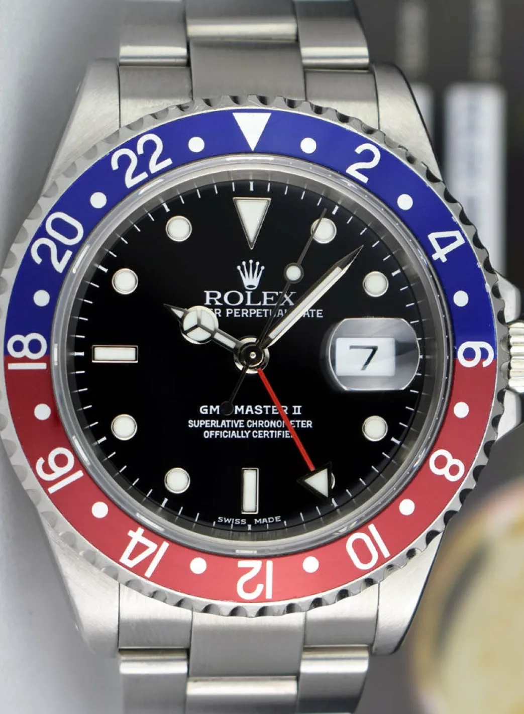 rolex_mm_stainless_gmt_ma_9.webp Sports Watches | Pilots Professional Watches | Sant Blanc ROLEX 40mm Stainless GMT Master II Pepsi Blue-Red Bezel SEL Model 16710