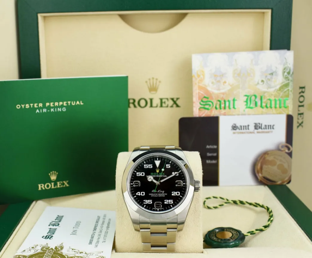 rolex_mm_stainless_steel__0-36.webp Pilots Classic Watches | Men's Watches | Sant Blanc ROLEX 40mm Stainless Steel Air King Black Arabic Dial Model 116900