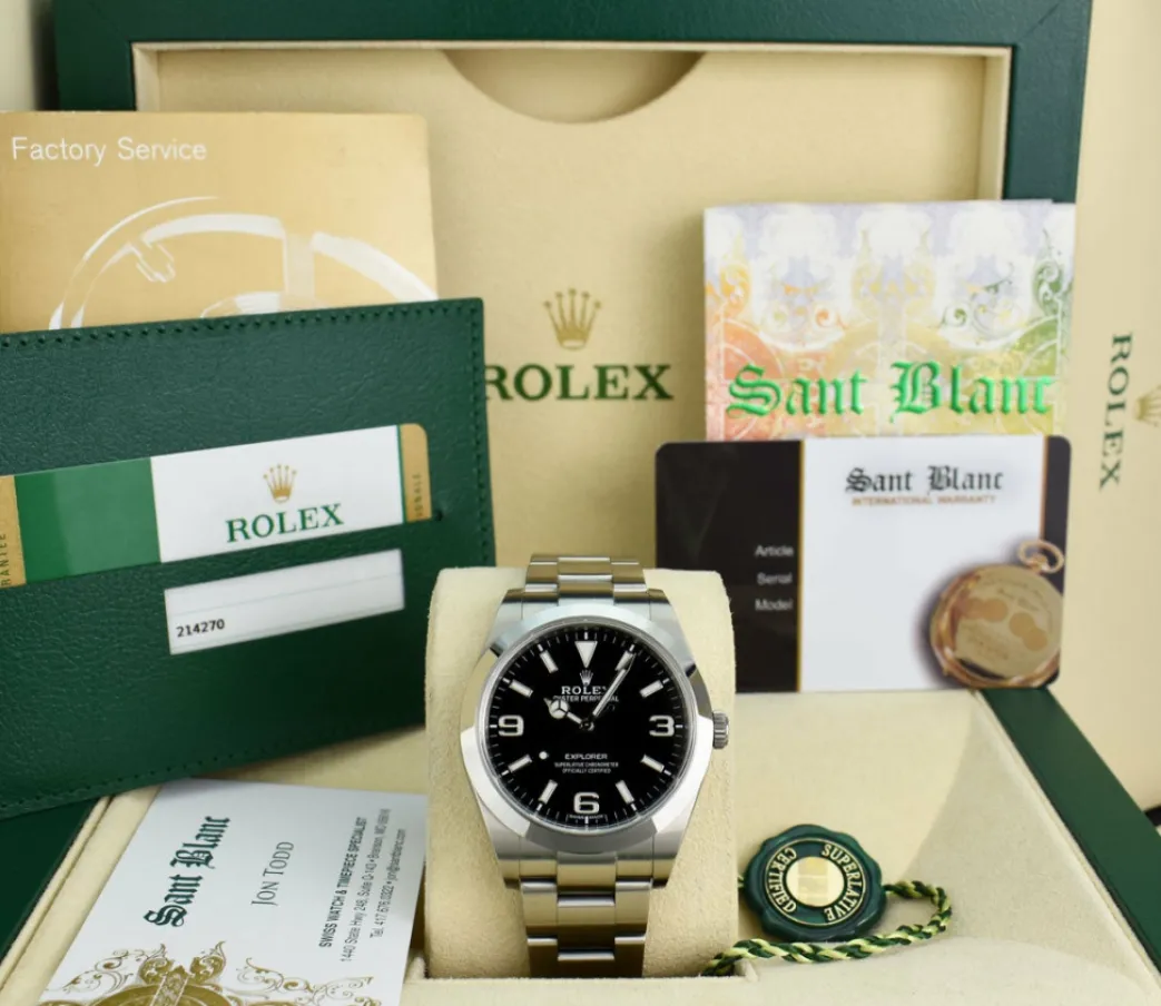 rolex_mm_stainless_steel__0-39.webp Sports Watches | Men's Watches | Sant Blanc ROLEX 39mm Stainless Steel Explorer Black Index Dial Full Blue Lume Model 214270