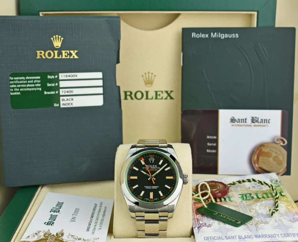 rolex_mm_stainless_steel__0-43.webp Sports Watches | Scientists Professional Watches | Sant Blanc ROLEX 40mm Stainless Steel Milgauss Green Crystal Black Index Dial Model 116400V