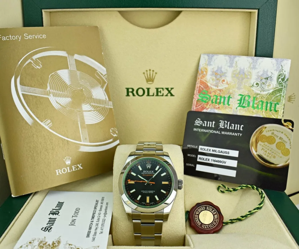 rolex_mm_stainless_steel__0-49.webp Sports Watches | Scientists Professional Watches | Sant Blanc ROLEX 40mm Stainless Steel Milgauss Green Crystal Black Index Model 116400GV