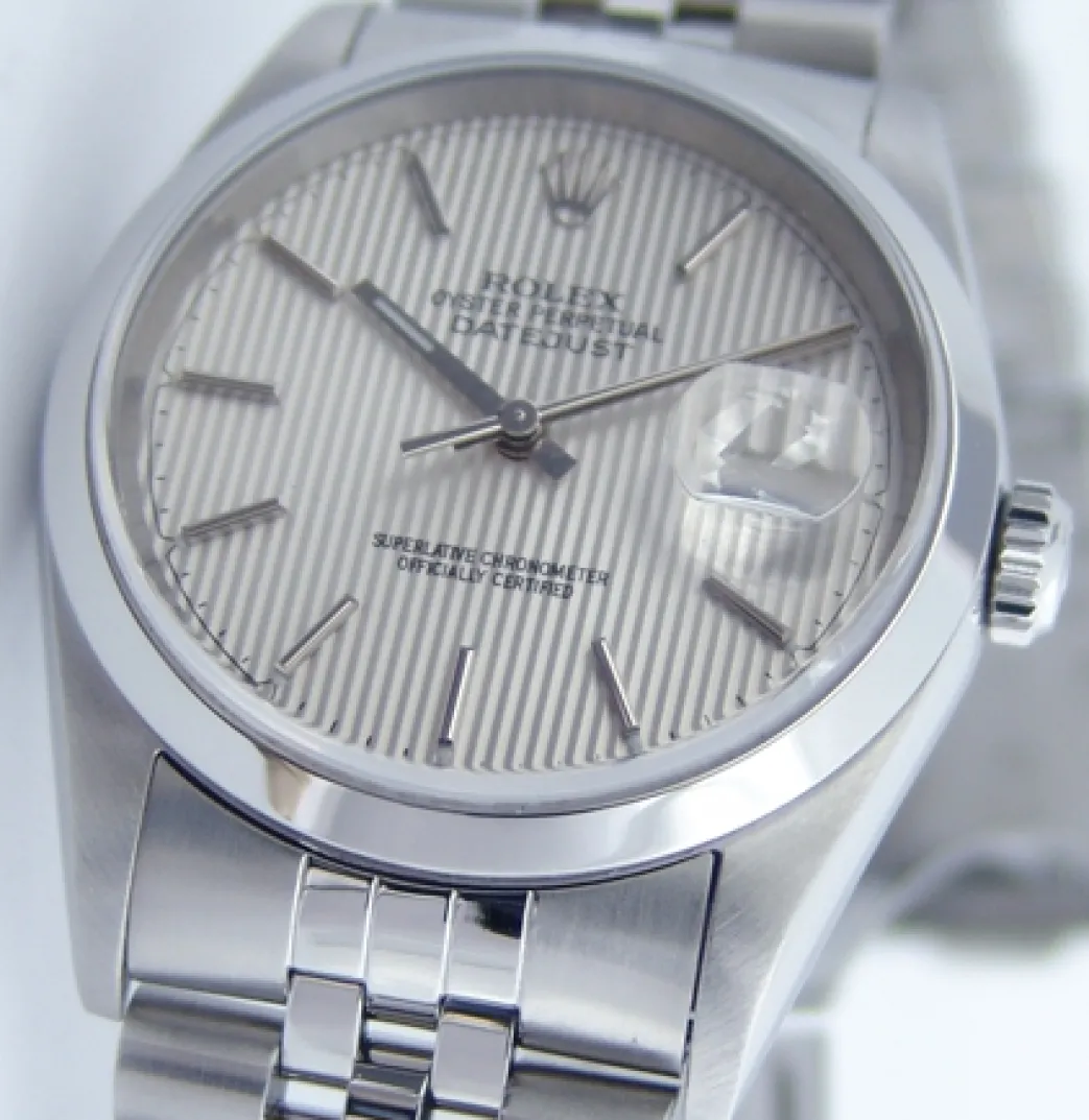 rolex_mm_stainless_steel__0-7.webp Men's Watches | Dress Watches | Sant Blanc ROLEX 36mm Stainless Steel Datejust Jubilee Band Silver Tapestry Stick Dial Model 16200