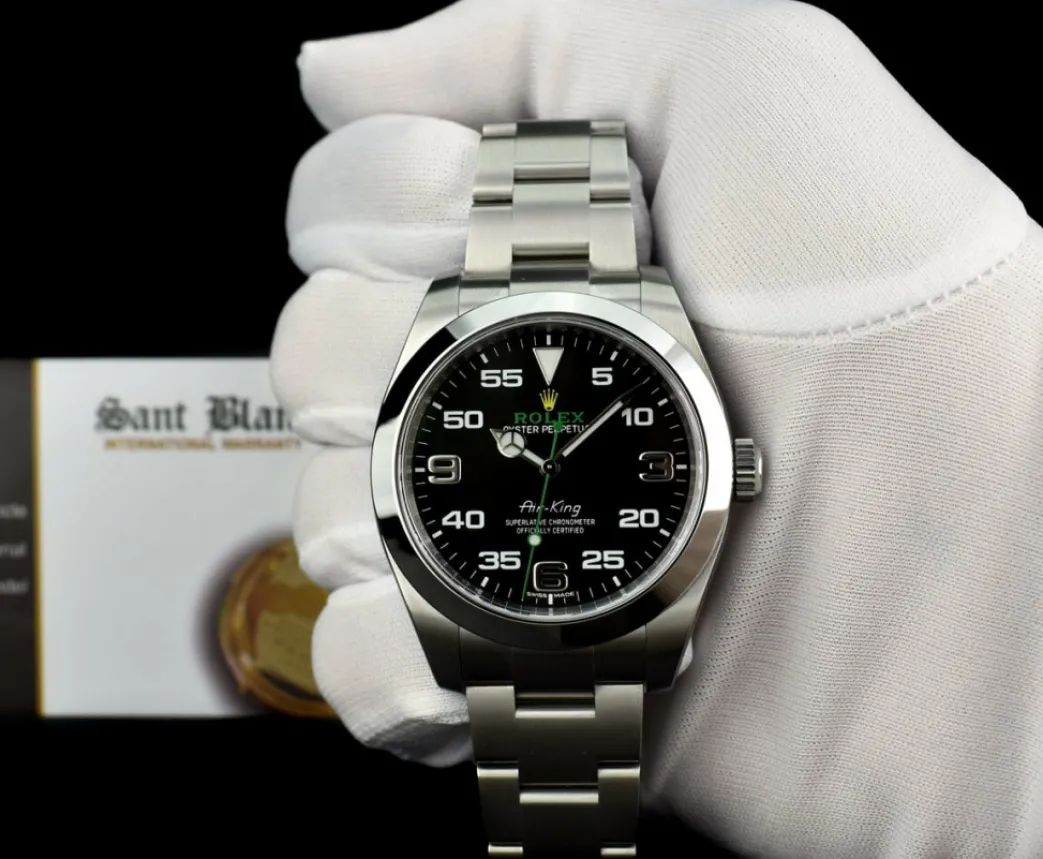 rolex_mm_stainless_steel__1-36.webp Pilots Classic Watches | Men's Watches | Sant Blanc ROLEX 40mm Stainless Steel Air King Black Arabic Dial Model 116900