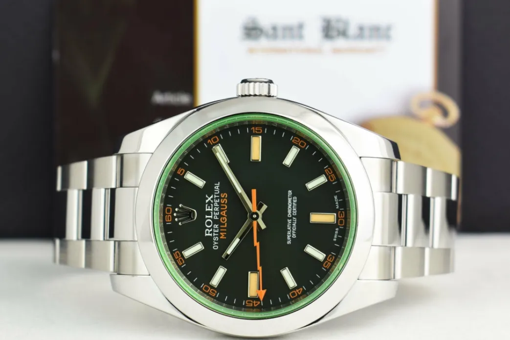 rolex_mm_stainless_steel__1-43.webp Sports Watches | Scientists Professional Watches | Sant Blanc ROLEX 40mm Stainless Steel Milgauss Green Crystal Black Index Dial Model 116400V