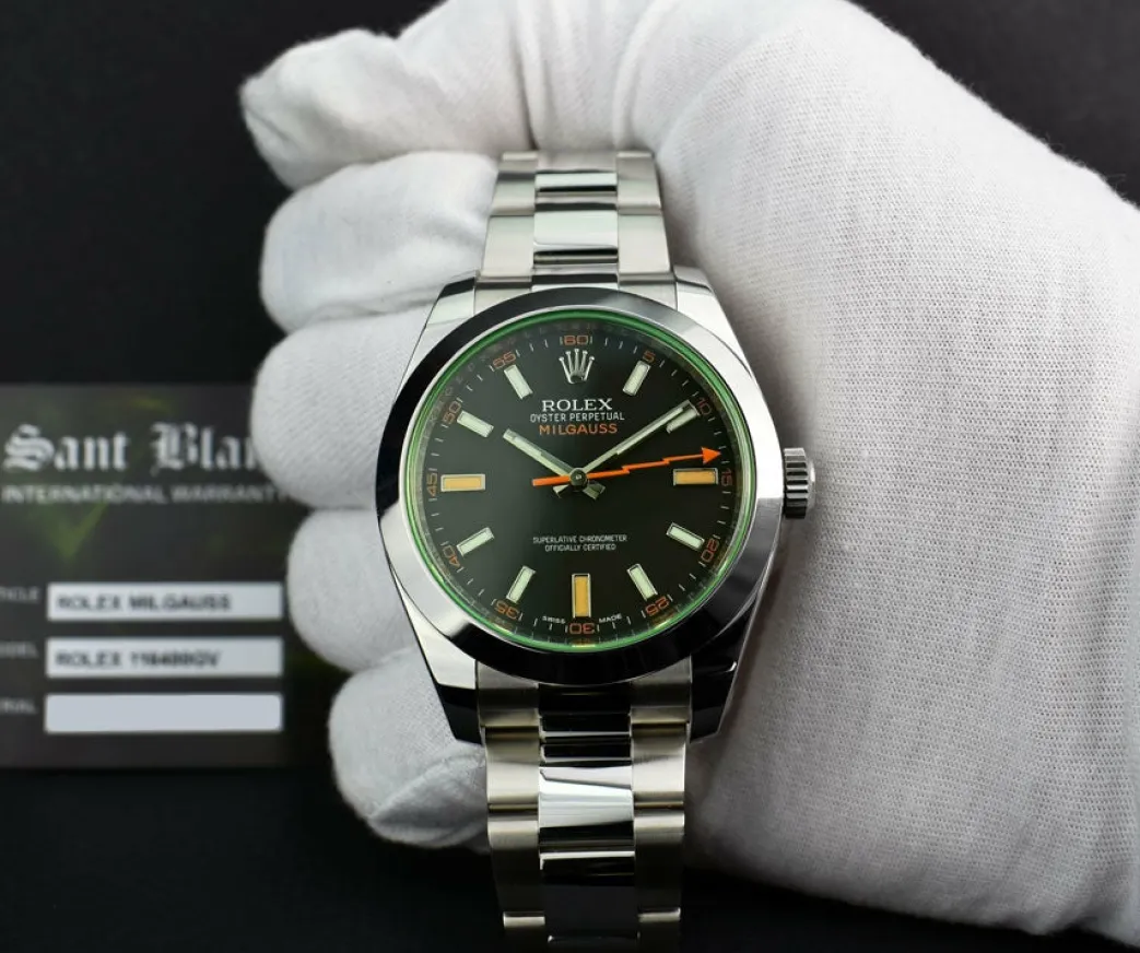 rolex_mm_stainless_steel__1-49.webp Sports Watches | Scientists Professional Watches | Sant Blanc ROLEX 40mm Stainless Steel Milgauss Green Crystal Black Index Model 116400GV
