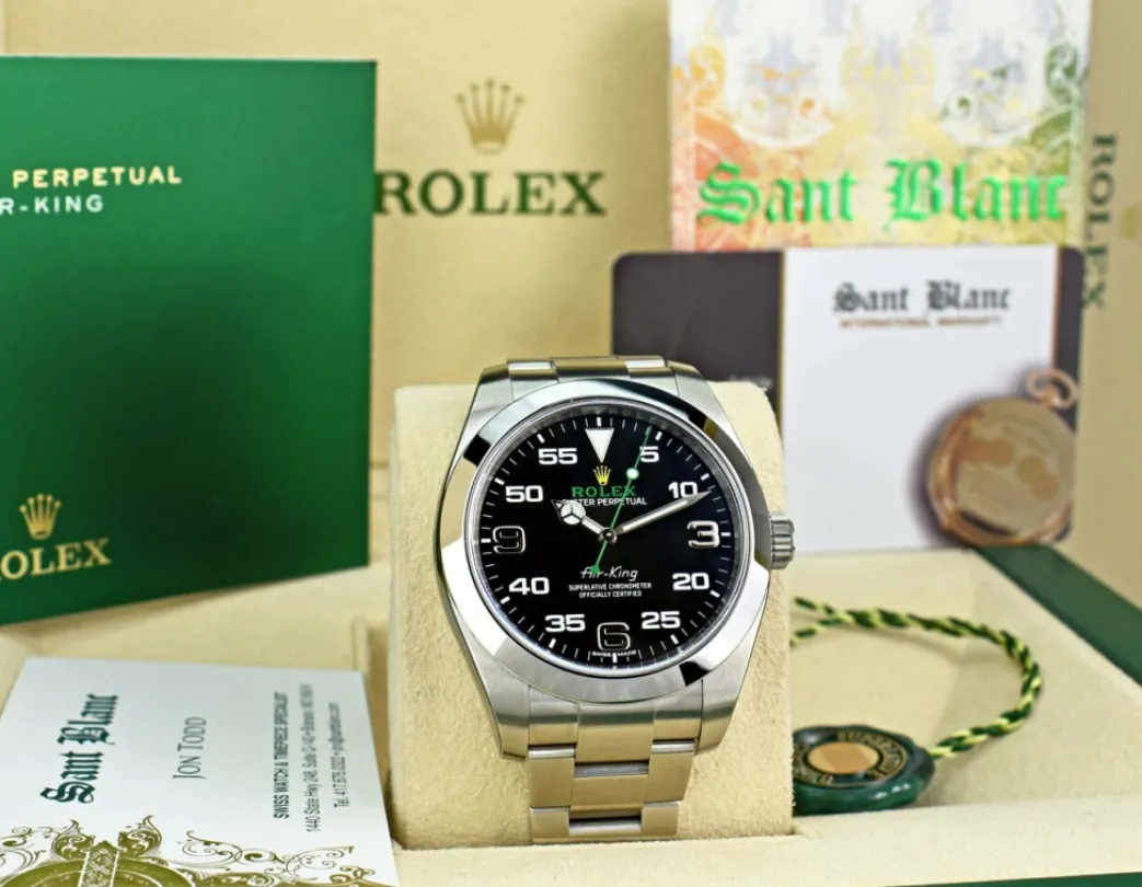 rolex_mm_stainless_steel__2-35.webp Pilots Classic Watches | Men's Watches | Sant Blanc ROLEX 40mm Stainless Steel Air King Black Arabic Dial Model 116900