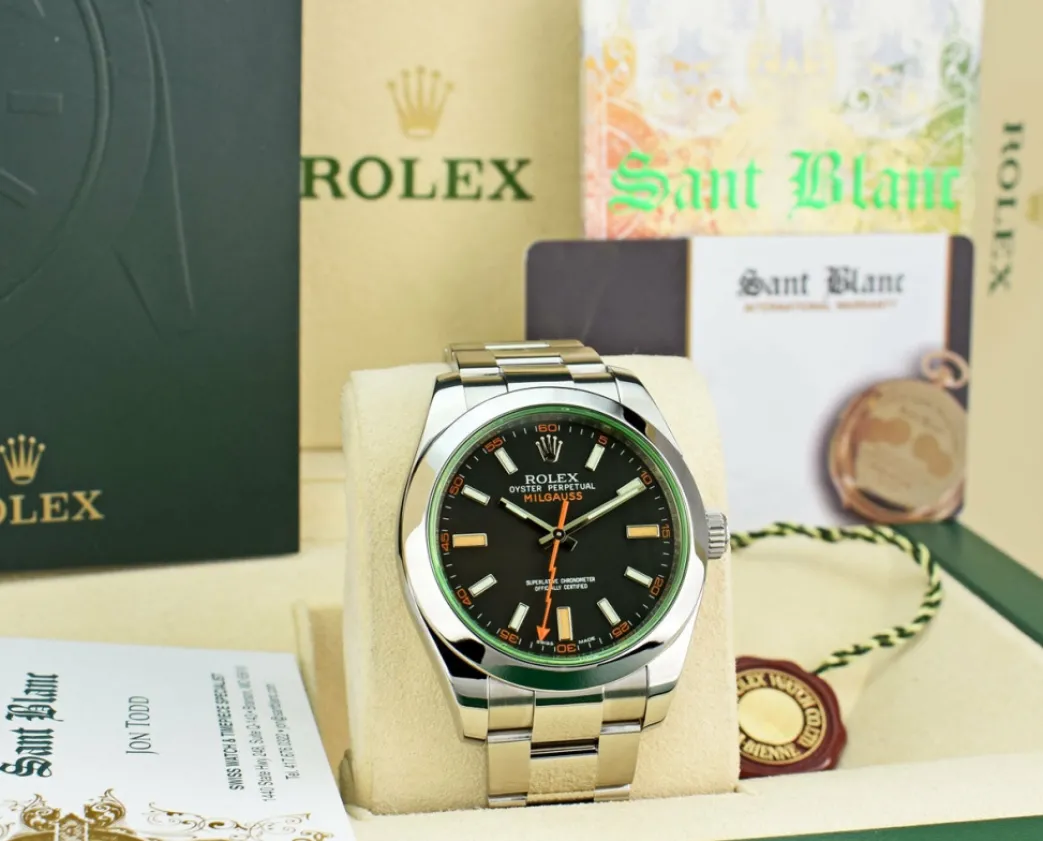 rolex_mm_stainless_steel__2-42.webp Sports Watches | Scientists Professional Watches | Sant Blanc ROLEX 40mm Stainless Steel Milgauss Green Crystal Black Index Dial Model 116400V