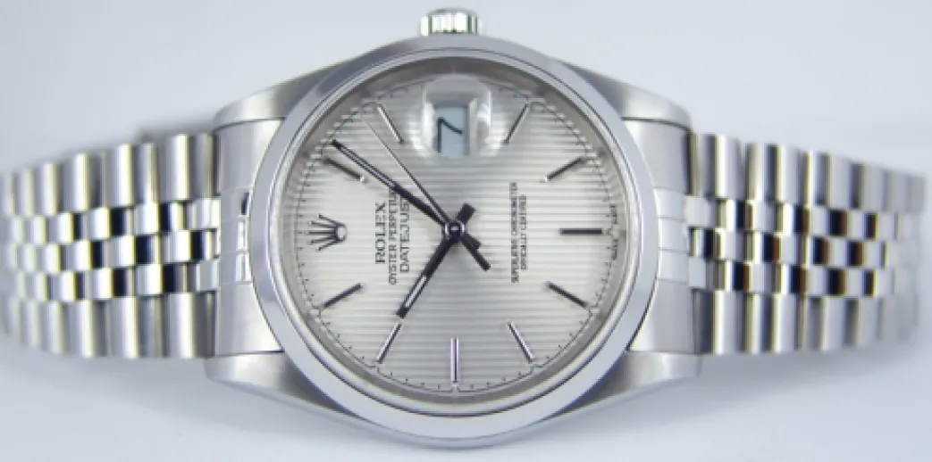 rolex_mm_stainless_steel__2-7.webp Men's Watches | Dress Watches | Sant Blanc ROLEX 36mm Stainless Steel Datejust Jubilee Band Silver Tapestry Stick Dial Model 16200