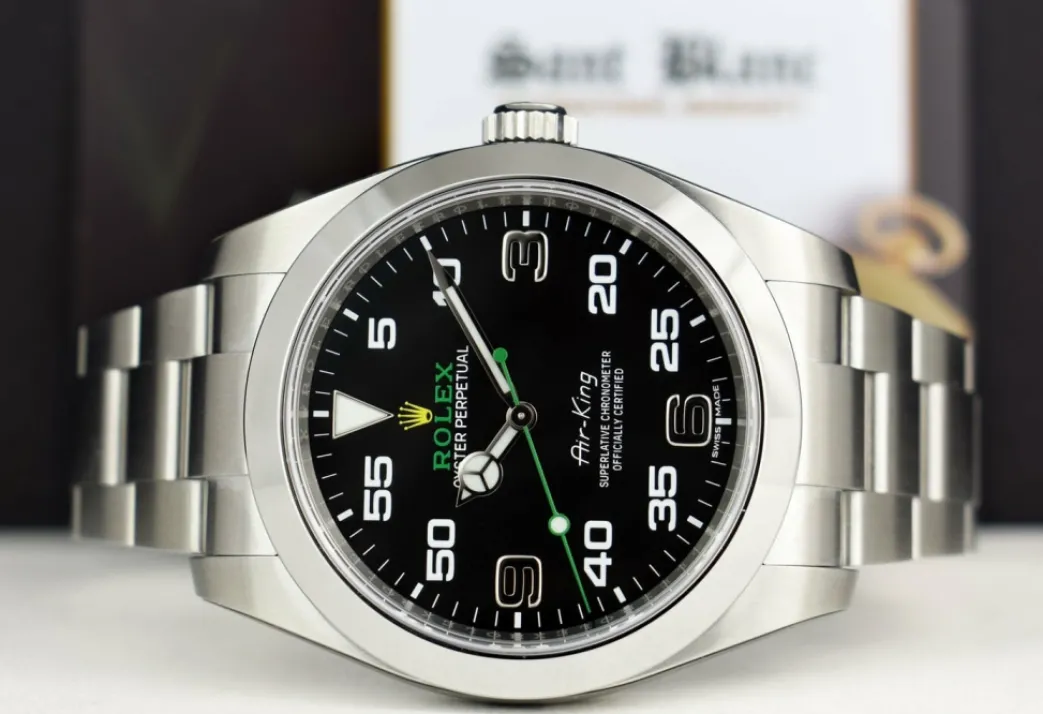 rolex_mm_stainless_steel__3-36.webp Pilots Classic Watches | Men's Watches | Sant Blanc ROLEX 40mm Stainless Steel Air King Black Arabic Dial Model 116900