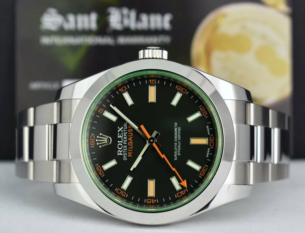 rolex_mm_stainless_steel__3-49.webp Sports Watches | Scientists Professional Watches | Sant Blanc ROLEX 40mm Stainless Steel Milgauss Green Crystal Black Index Model 116400GV