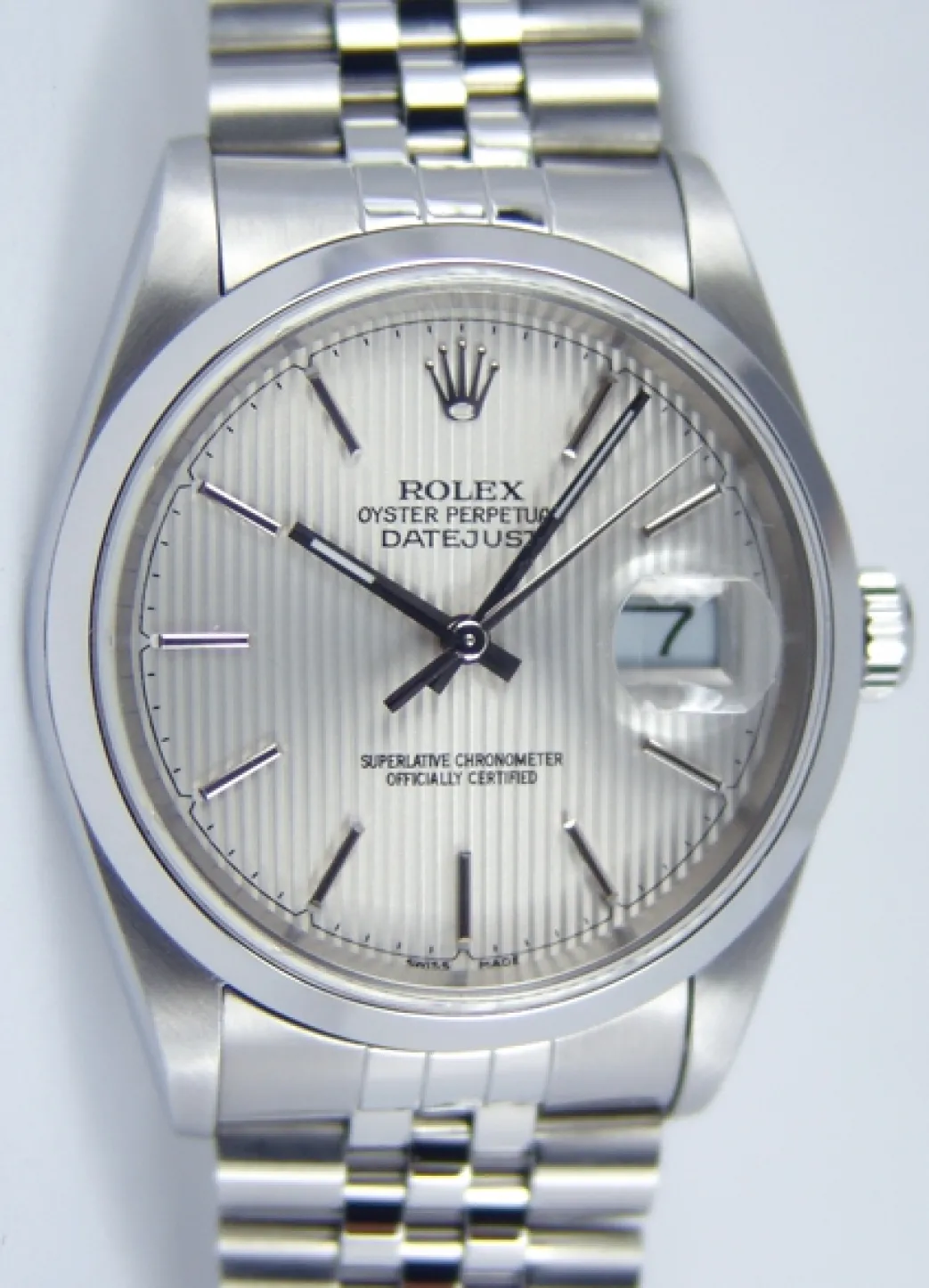rolex_mm_stainless_steel__3-7.webp Men's Watches | Dress Watches | Sant Blanc ROLEX 36mm Stainless Steel Datejust Jubilee Band Silver Tapestry Stick Dial Model 16200
