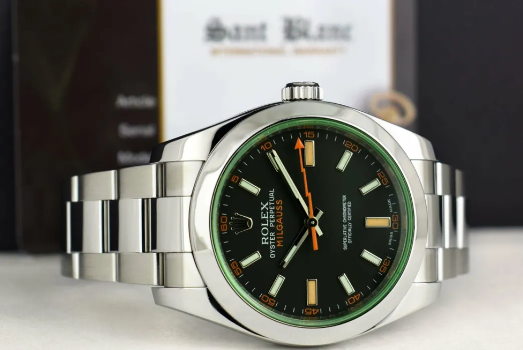 rolex_mm_stainless_steel__4-43.webp Sports Watches | Scientists Professional Watches | Sant Blanc ROLEX 40mm Stainless Steel Milgauss Green Crystal Black Index Dial Model 116400V