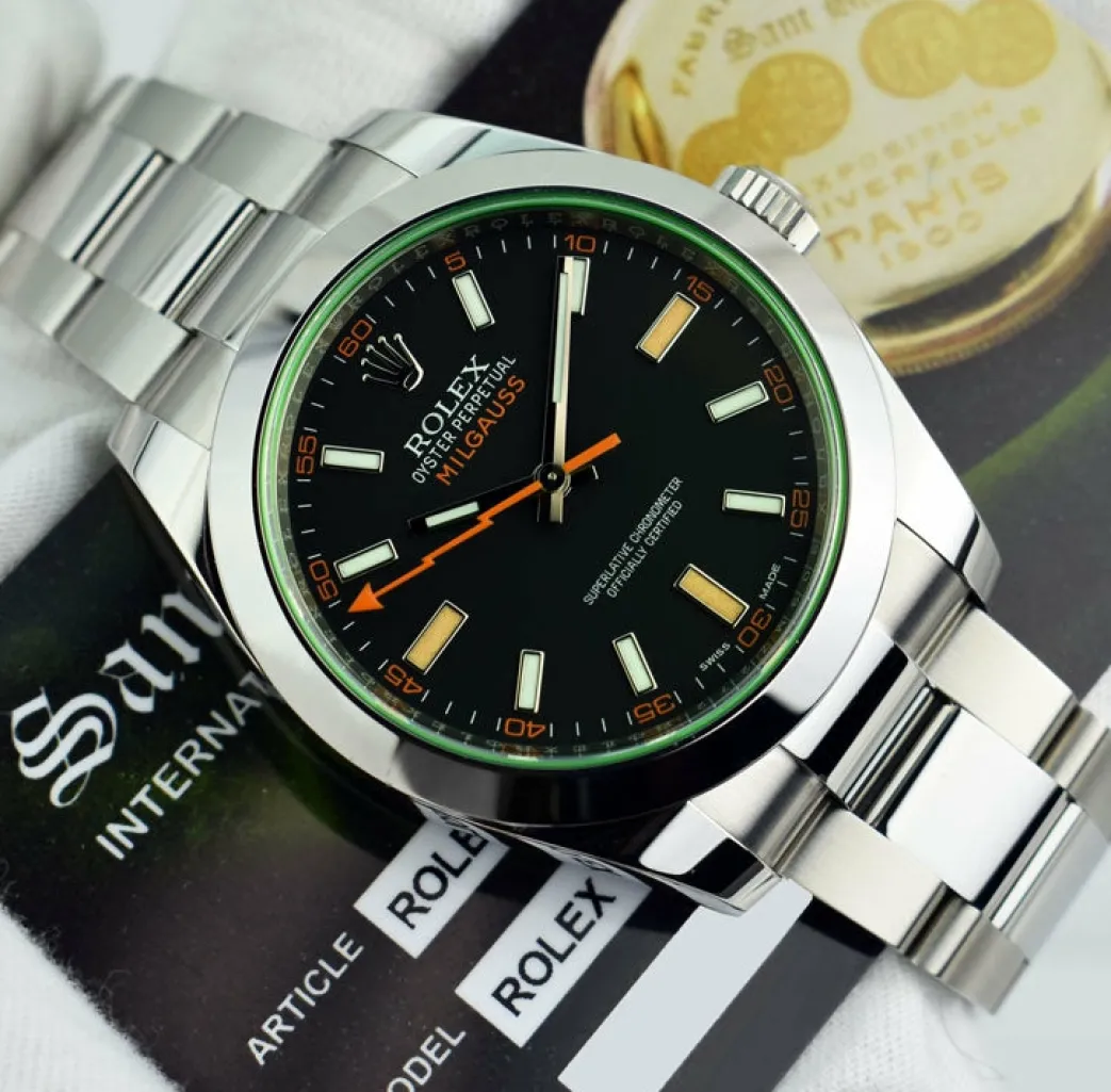 rolex_mm_stainless_steel__4-49.webp Sports Watches | Scientists Professional Watches | Sant Blanc ROLEX 40mm Stainless Steel Milgauss Green Crystal Black Index Model 116400GV