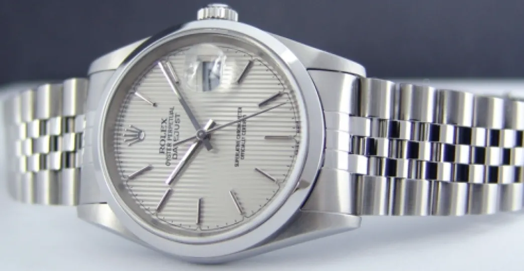 rolex_mm_stainless_steel__4-7.webp Men's Watches | Dress Watches | Sant Blanc ROLEX 36mm Stainless Steel Datejust Jubilee Band Silver Tapestry Stick Dial Model 16200