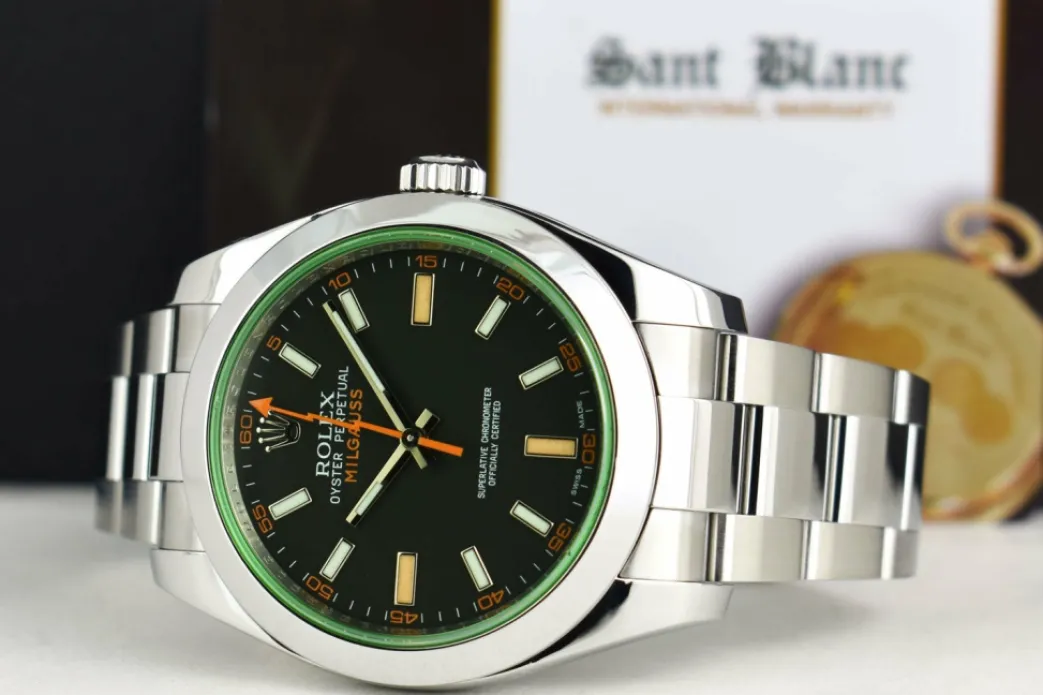 rolex_mm_stainless_steel__5-43.webp Sports Watches | Scientists Professional Watches | Sant Blanc ROLEX 40mm Stainless Steel Milgauss Green Crystal Black Index Dial Model 116400V