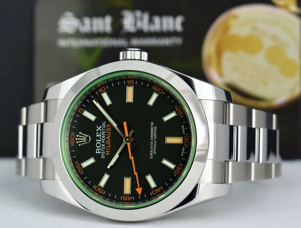 rolex_mm_stainless_steel__5-49.webp Sports Watches | Scientists Professional Watches | Sant Blanc ROLEX 40mm Stainless Steel Milgauss Green Crystal Black Index Model 116400GV