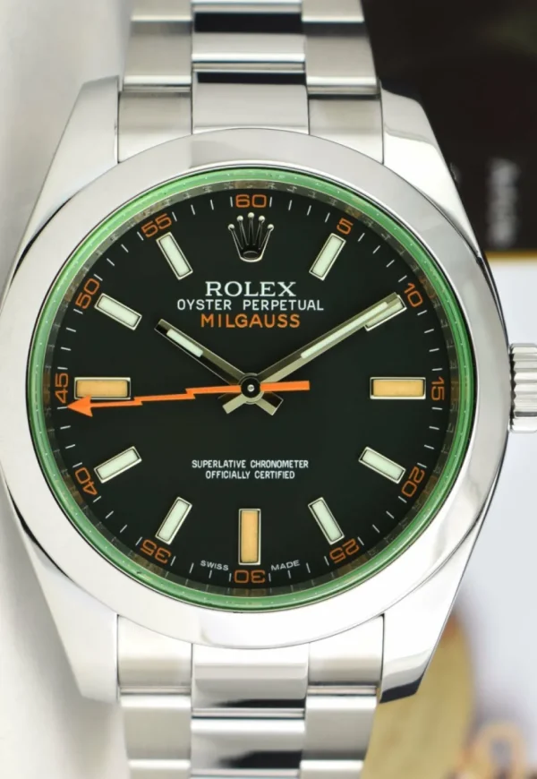 Sports Watches | Scientists Professional Watches | Sant Blanc ROLEX 40mm Stainless Steel Milgauss Green Crystal Black Index Dial Model 116400V