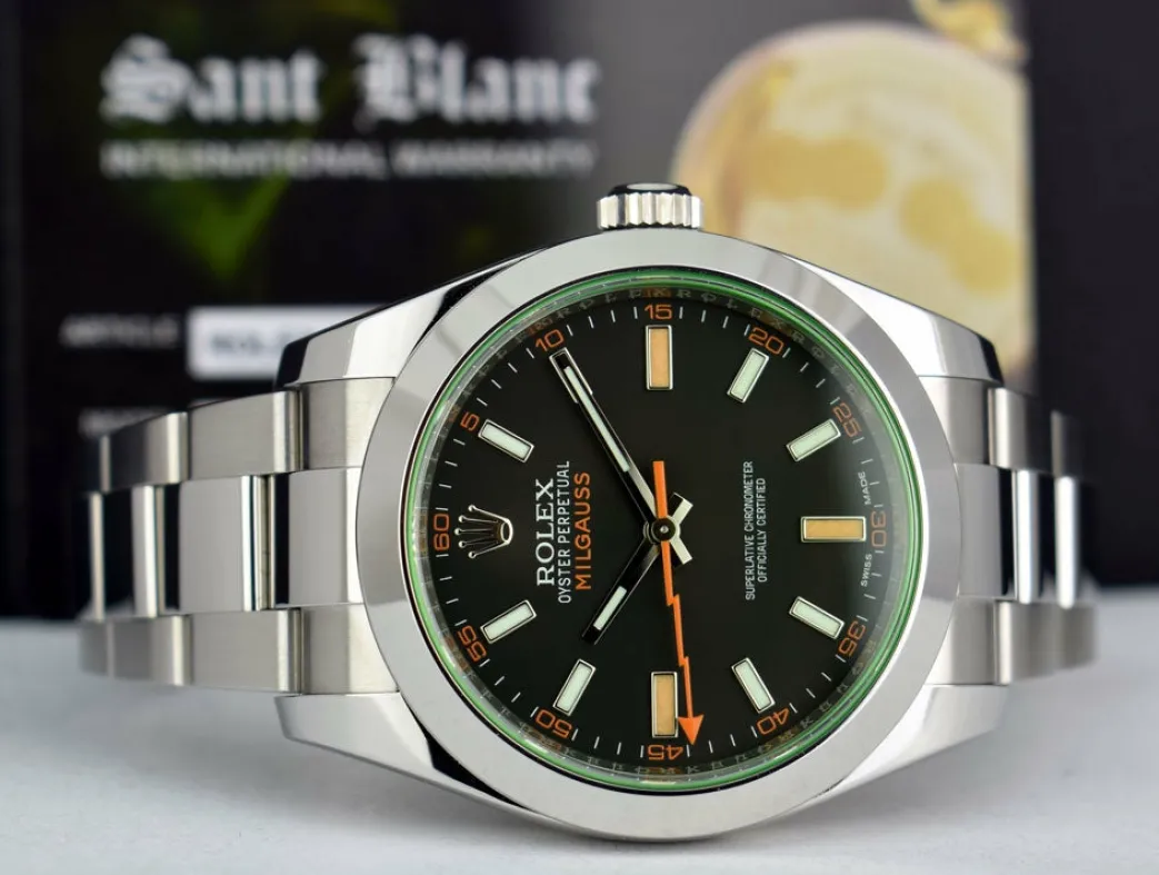 rolex_mm_stainless_steel__6-47.webp Sports Watches | Scientists Professional Watches | Sant Blanc ROLEX 40mm Stainless Steel Milgauss Green Crystal Black Index Model 116400GV