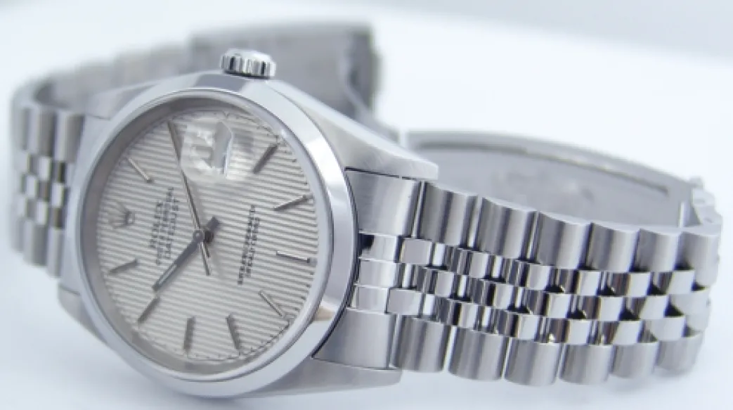 rolex_mm_stainless_steel__6-5.webp Men's Watches | Dress Watches | Sant Blanc ROLEX 36mm Stainless Steel Datejust Jubilee Band Silver Tapestry Stick Dial Model 16200