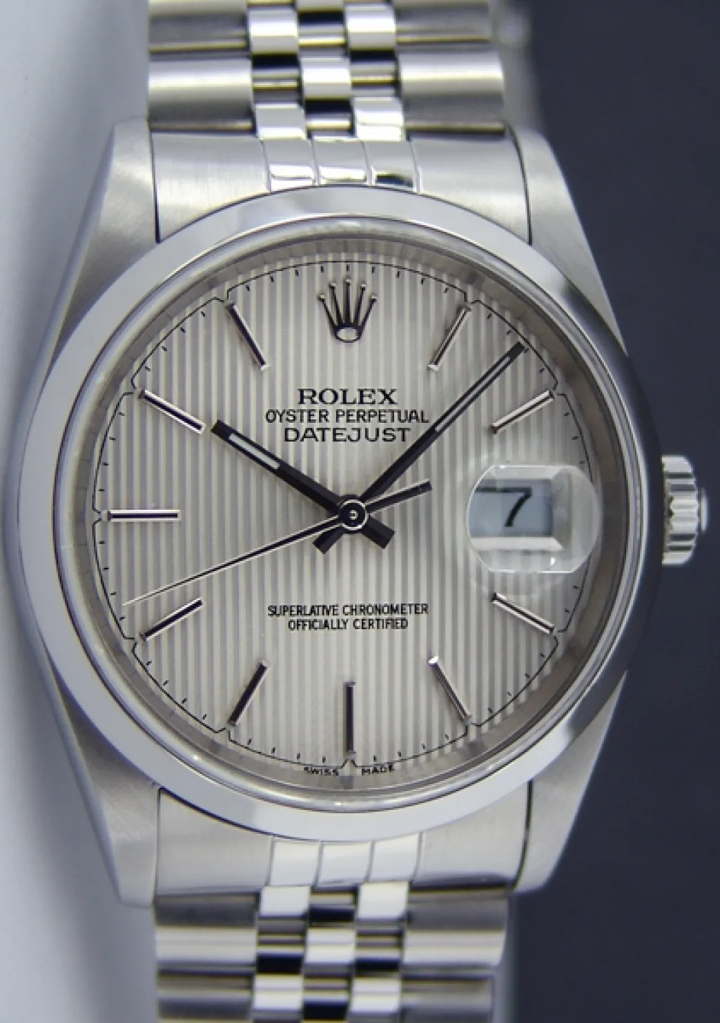 rolex_mm_stainless_steel__7-2.webp Men's Watches | Dress Watches | Sant Blanc ROLEX 36mm Stainless Steel Datejust Jubilee Band Silver Tapestry Stick Dial Model 16200
