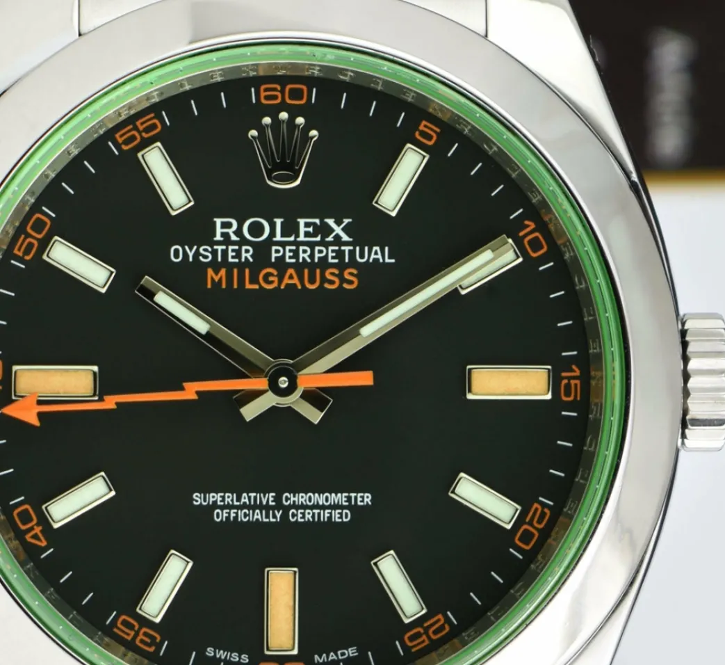 rolex_mm_stainless_steel__7-29.webp Sports Watches | Scientists Professional Watches | Sant Blanc ROLEX 40mm Stainless Steel Milgauss Green Crystal Black Index Dial Model 116400V
