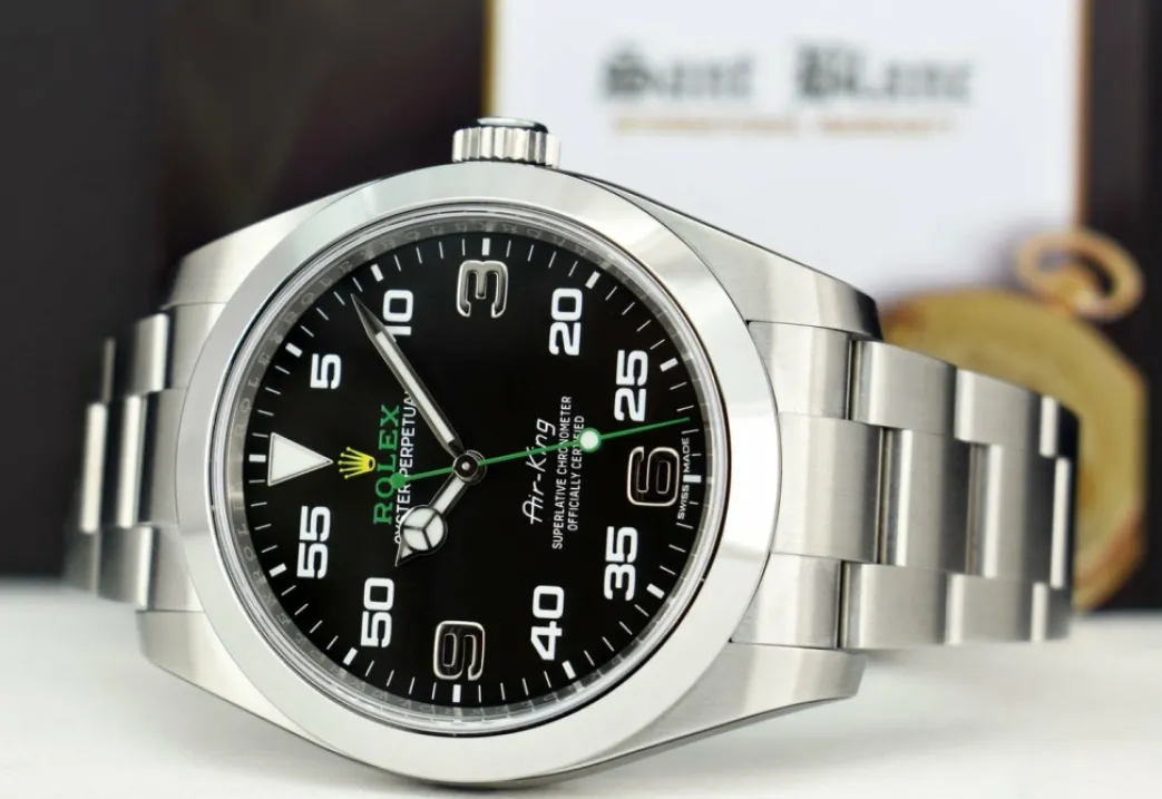 rolex_mm_stainless_steel__8-11.webp Pilots Classic Watches | Men's Watches | Sant Blanc ROLEX 40mm Stainless Steel Air King Black Arabic Dial Model 116900