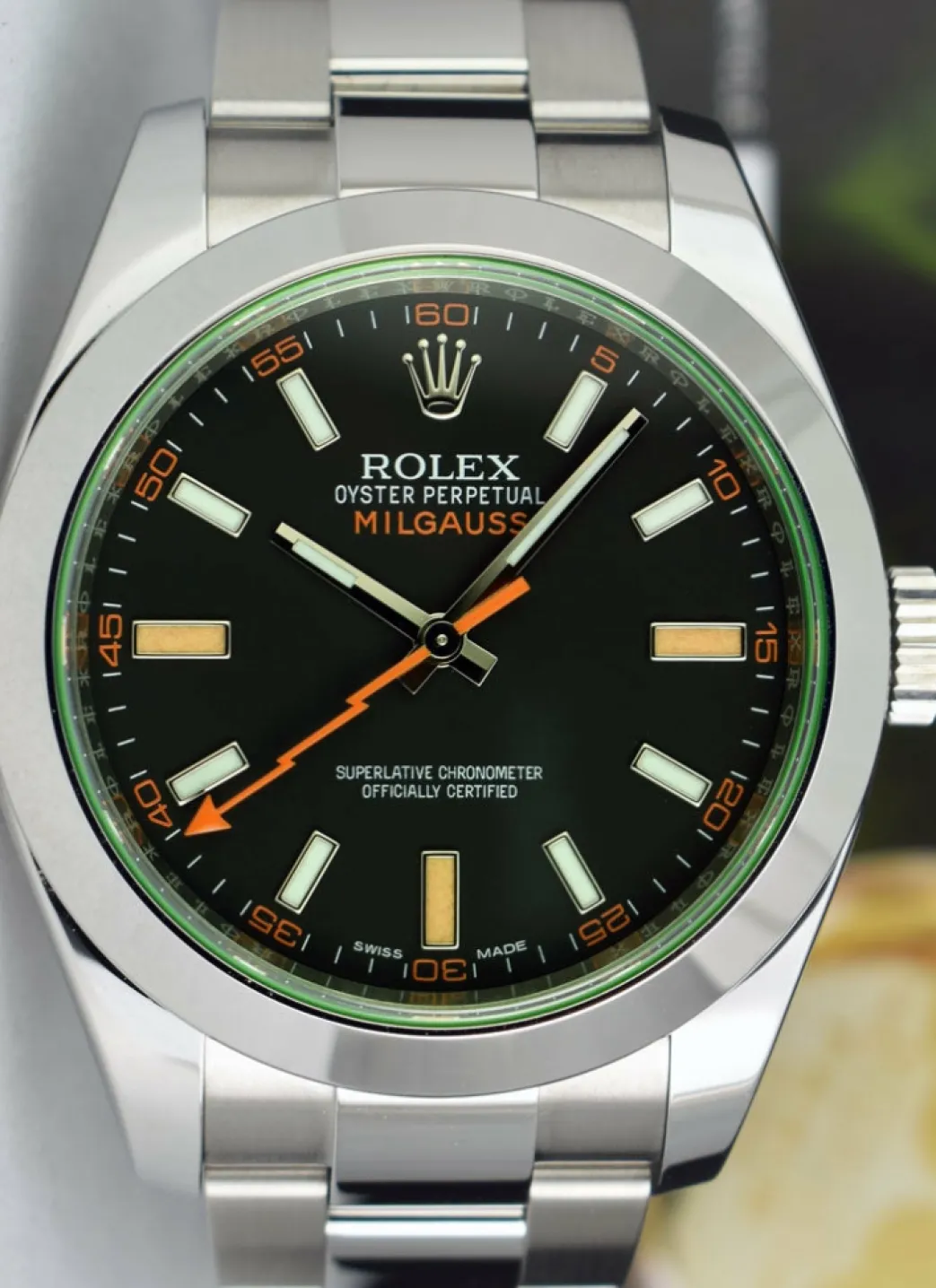 rolex_mm_stainless_steel__8-19.webp Sports Watches | Scientists Professional Watches | Sant Blanc ROLEX 40mm Stainless Steel Milgauss Green Crystal Black Index Model 116400GV