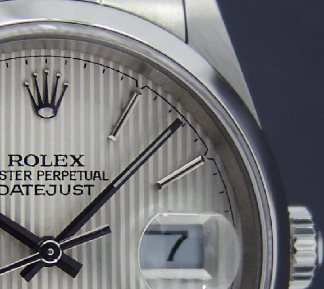 rolex_mm_stainless_steel__8.webp Men's Watches | Dress Watches | Sant Blanc ROLEX 36mm Stainless Steel Datejust Jubilee Band Silver Tapestry Stick Dial Model 16200