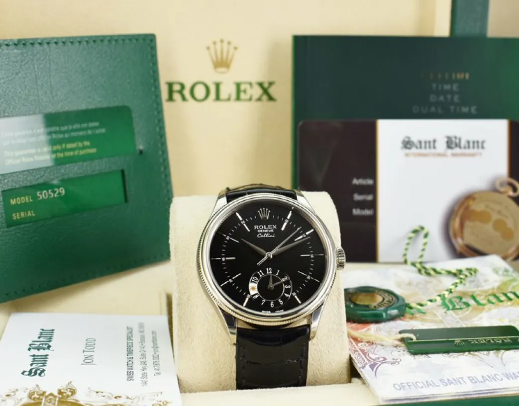 rolex_mm_white_gold_celli_2.webp Dress Watches | Men's Watches | Sant Blanc ROLEX 39mm White Gold Cellini Dual Time Black Dial Box & Card Model 50529