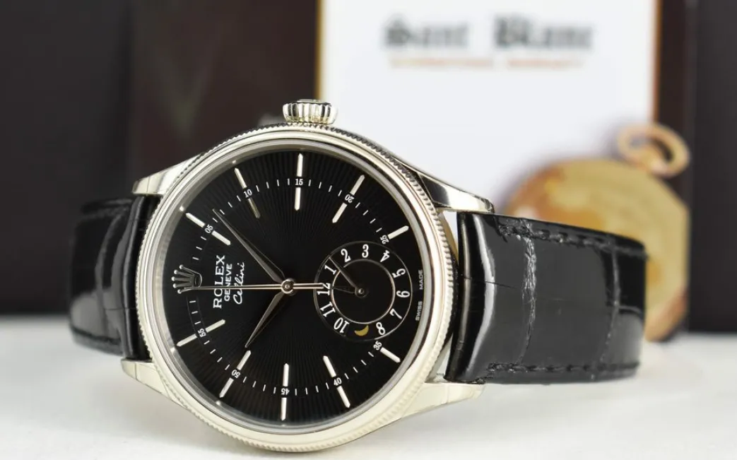 rolex_mm_white_gold_celli_4.webp Dress Watches | Men's Watches | Sant Blanc ROLEX 39mm White Gold Cellini Dual Time Black Dial Box & Card Model 50529