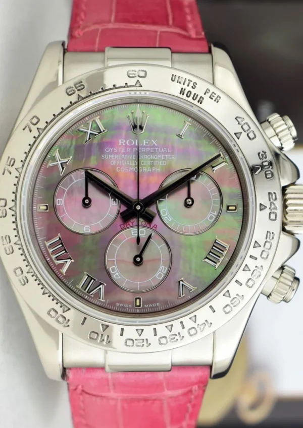 Men's Watches | Racing Professional Watches | Sant Blanc ROLEX 40mm White Gold Daytona Tahitian Mother of Pearl Roman Pink Strap Model 116519