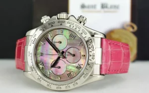 Men's Watches | Racing Professional Watches | Sant Blanc ROLEX 40mm White Gold Daytona Tahitian Mother of Pearl Roman Pink Strap Model 116519
