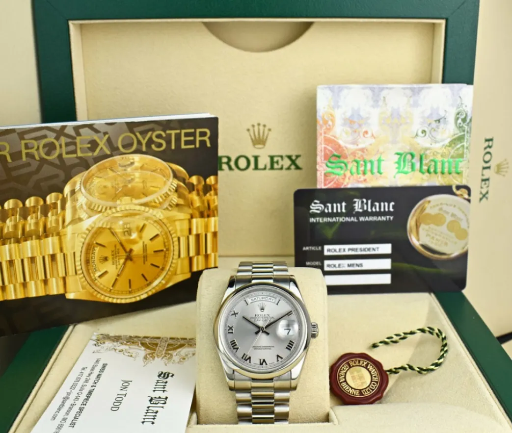 rolex_platinum_president__0.webp Men's Watches | President Dress Watches | Sant Blanc ROLEX Platinum President Day Date 36 Rhodium Roman Dial Fat Buckle Model 118206