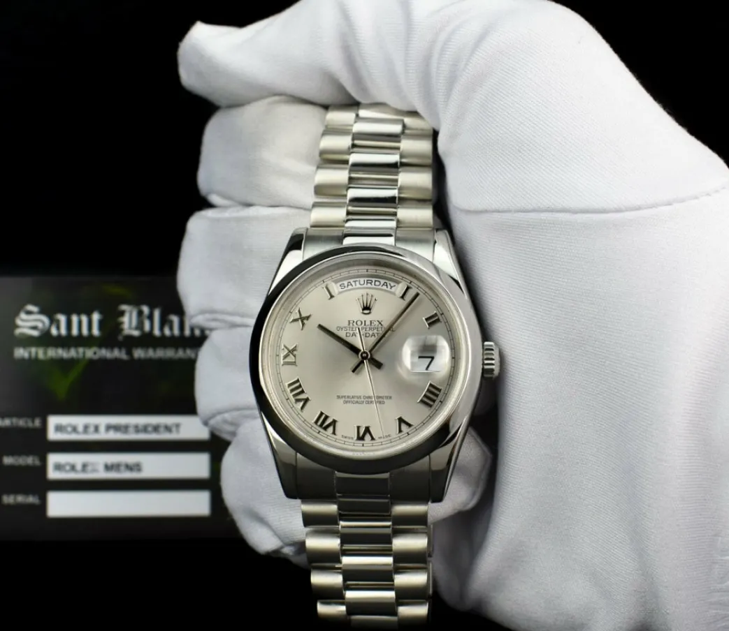 rolex_platinum_president__1.webp Men's Watches | President Dress Watches | Sant Blanc ROLEX Platinum President Day Date 36 Rhodium Roman Dial Fat Buckle Model 118206