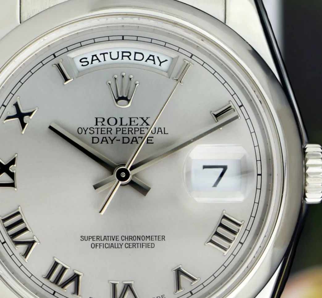 rolex_platinum_president__10.webp Men's Watches | President Dress Watches | Sant Blanc ROLEX Platinum President Day Date 36 Rhodium Roman Dial Fat Buckle Model 118206