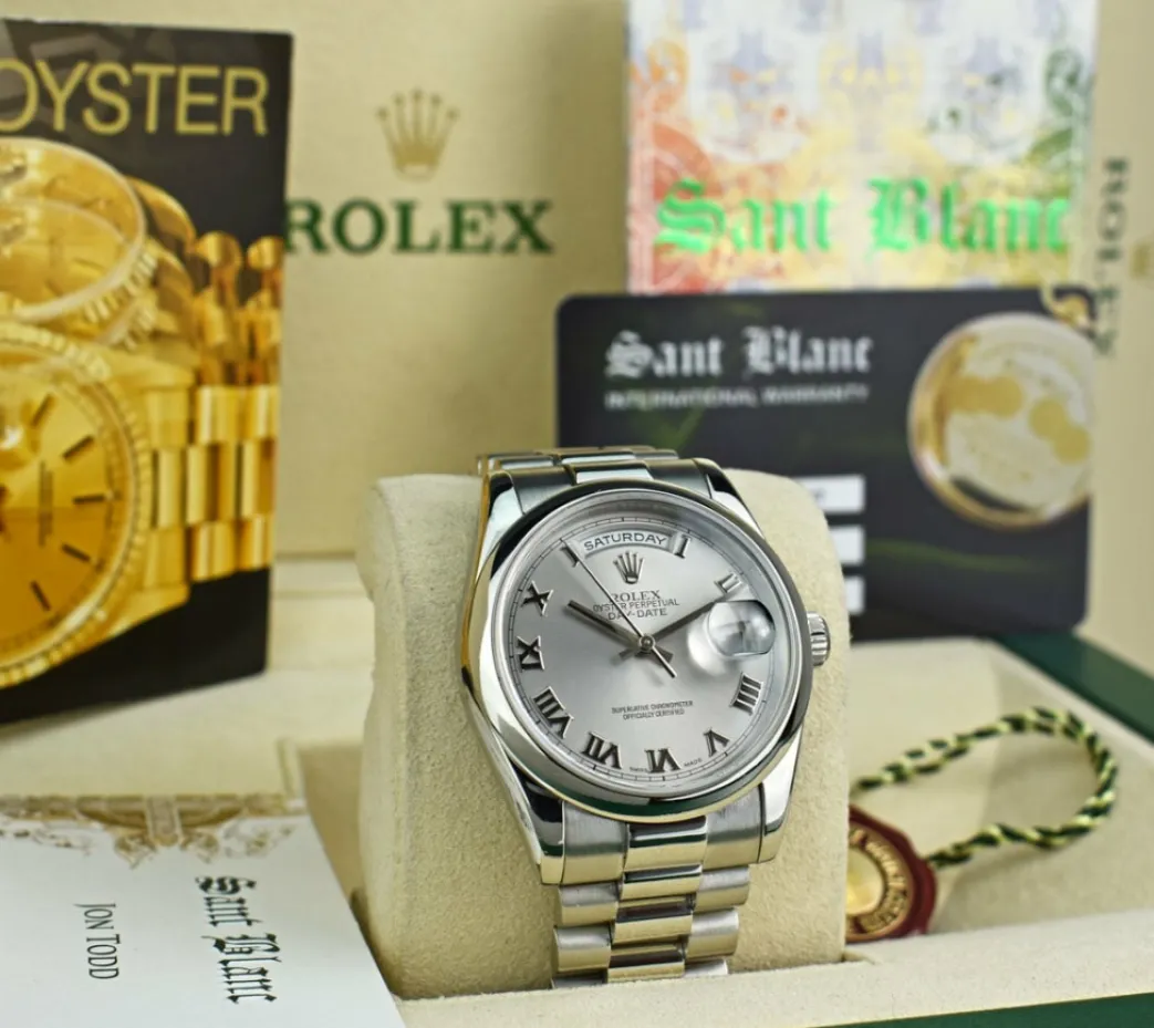 rolex_platinum_president__2.webp Men's Watches | President Dress Watches | Sant Blanc ROLEX Platinum President Day Date 36 Rhodium Roman Dial Fat Buckle Model 118206
