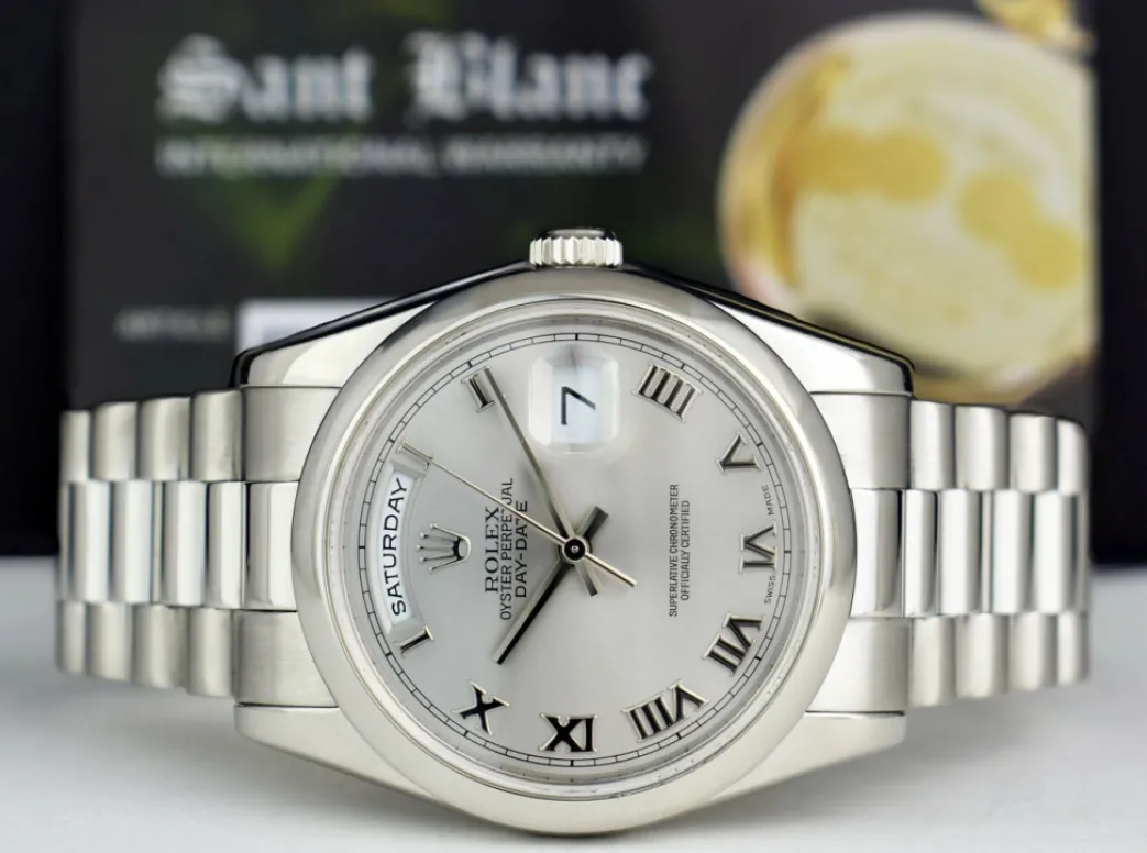 rolex_platinum_president__3.webp Men's Watches | President Dress Watches | Sant Blanc ROLEX Platinum President Day Date 36 Rhodium Roman Dial Fat Buckle Model 118206