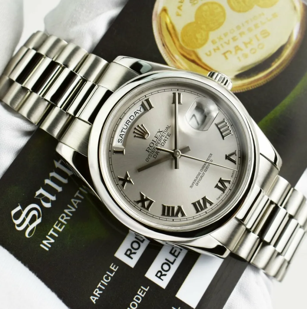 rolex_platinum_president__4.webp Men's Watches | President Dress Watches | Sant Blanc ROLEX Platinum President Day Date 36 Rhodium Roman Dial Fat Buckle Model 118206