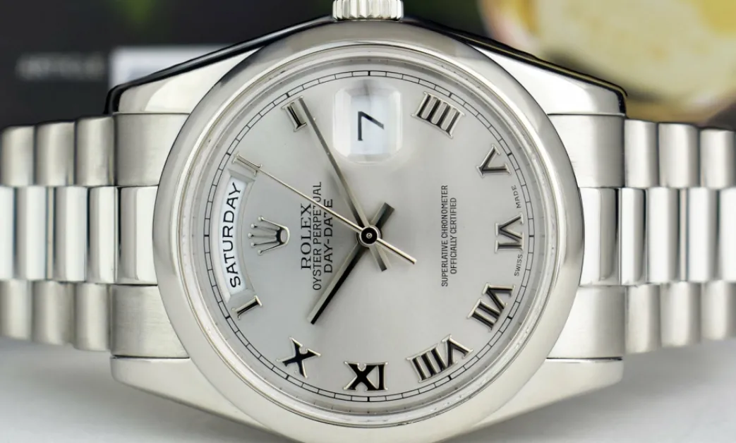 rolex_platinum_president__5.webp Men's Watches | President Dress Watches | Sant Blanc ROLEX Platinum President Day Date 36 Rhodium Roman Dial Fat Buckle Model 118206