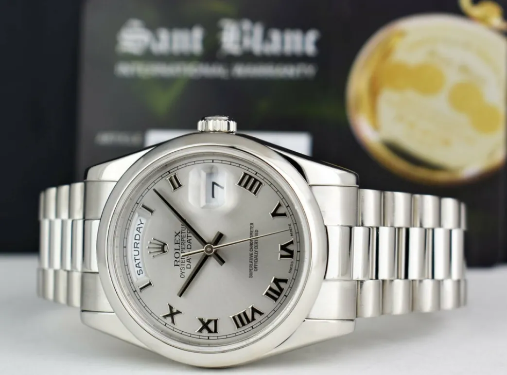rolex_platinum_president__7.webp Men's Watches | President Dress Watches | Sant Blanc ROLEX Platinum President Day Date 36 Rhodium Roman Dial Fat Buckle Model 118206