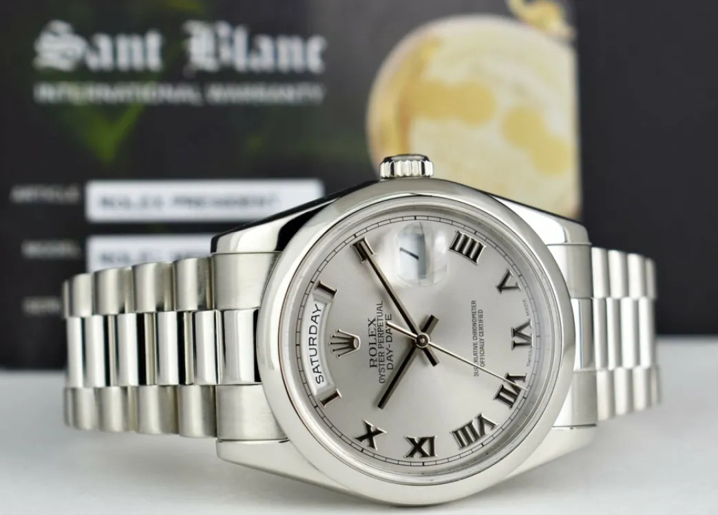 rolex_platinum_president__8.webp Men's Watches | President Dress Watches | Sant Blanc ROLEX Platinum President Day Date 36 Rhodium Roman Dial Fat Buckle Model 118206