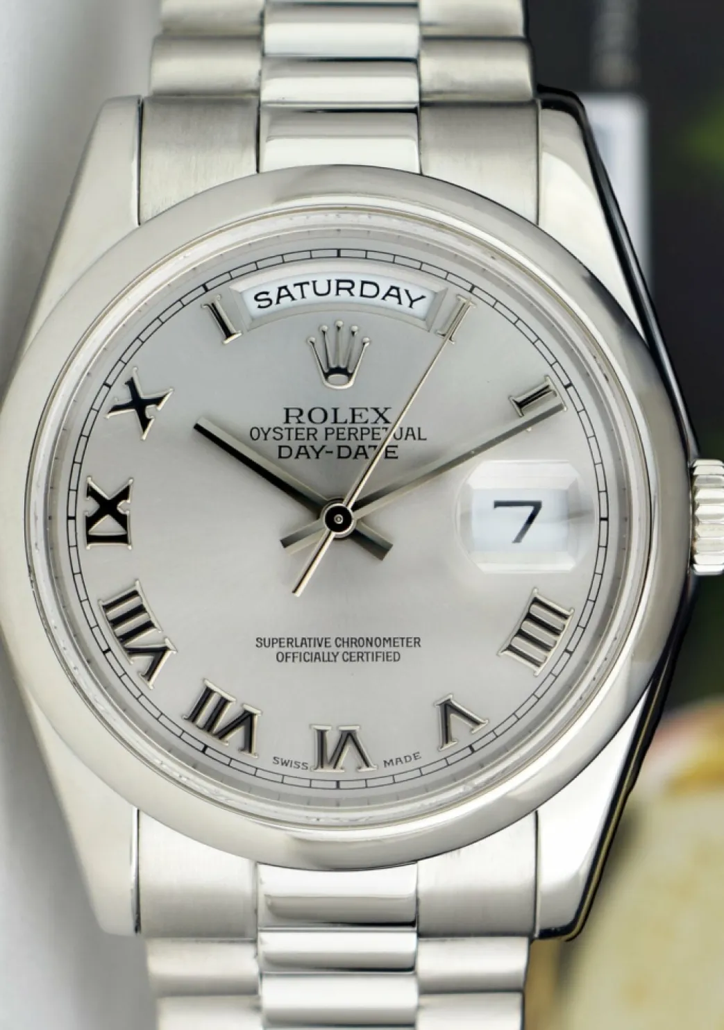 rolex_platinum_president__9.webp Men's Watches | President Dress Watches | Sant Blanc ROLEX Platinum President Day Date 36 Rhodium Roman Dial Fat Buckle Model 118206