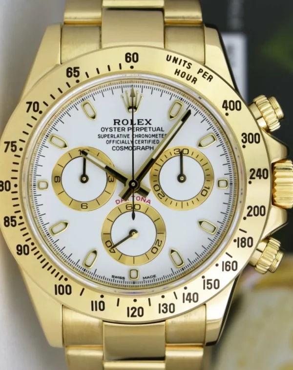 Racing Professional Watches | Sant Blanc ROLEX Rehaut Mens 40mm 18kt Yellow Gold Daytona White Index Dial Model 116528