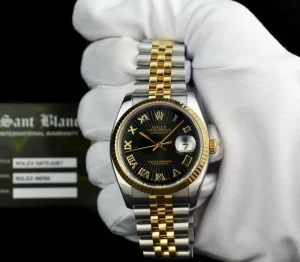 Men's Watches | Dress Watches | Sant Blanc ROLEX REHAUT 18kt Gold & Stainless DateJust Black Sunbeam Roman Dial Model 116233
