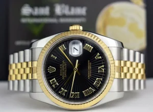 Men's Watches | Dress Watches | Sant Blanc ROLEX REHAUT 18kt Gold & Stainless DateJust Black Sunbeam Roman Dial Model 116233
