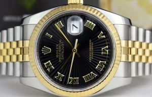 Men's Watches | Dress Watches | Sant Blanc ROLEX REHAUT 18kt Gold & Stainless DateJust Black Sunbeam Roman Dial Model 116233