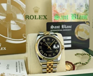 Men's Watches | Dress Watches | Sant Blanc ROLEX REHAUT 18kt Gold & Stainless DateJust Black Sunbeam Roman Dial Model 116233