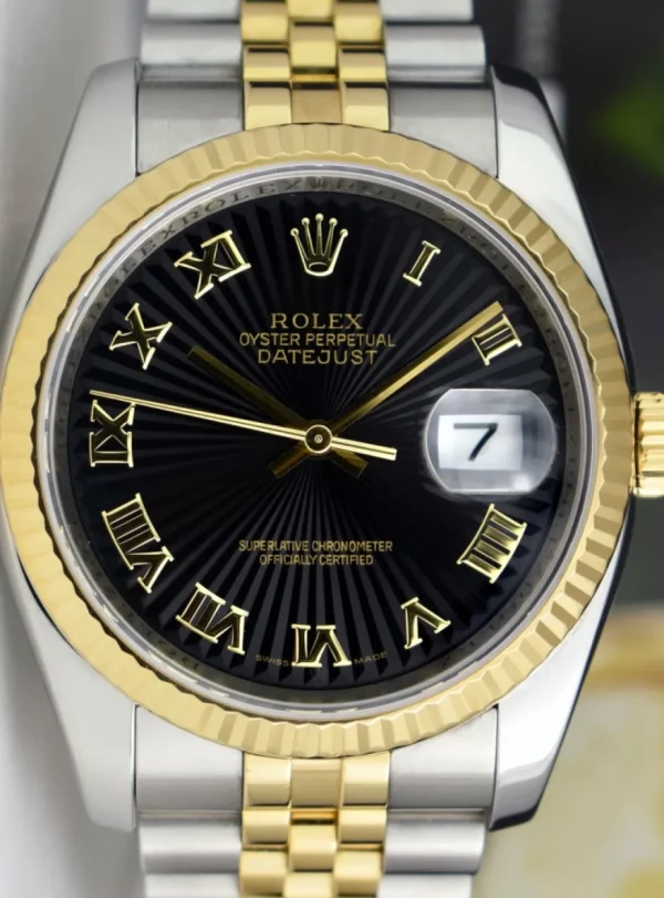 Men's Watches | Dress Watches | Sant Blanc ROLEX REHAUT 18kt Gold & Stainless DateJust Black Sunbeam Roman Dial Model 116233