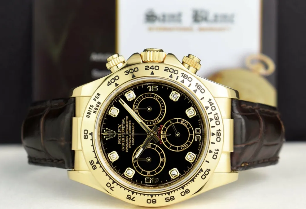 rolex_rehaut_kt_gold_dayt_1-1.webp Sports Watches | Men's Watches | Sant Blanc ROLEX Rehaut 18kt Gold Daytona Black Diamond Black Strap w/Box and Boxes Model 116518