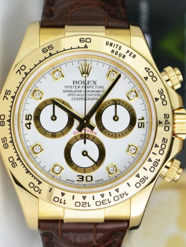 Racing Professional Watches | Sant Blanc ROLEX Rehaut 18kt Gold Daytona White Diamond Dial Burgundy Strap Model 116518